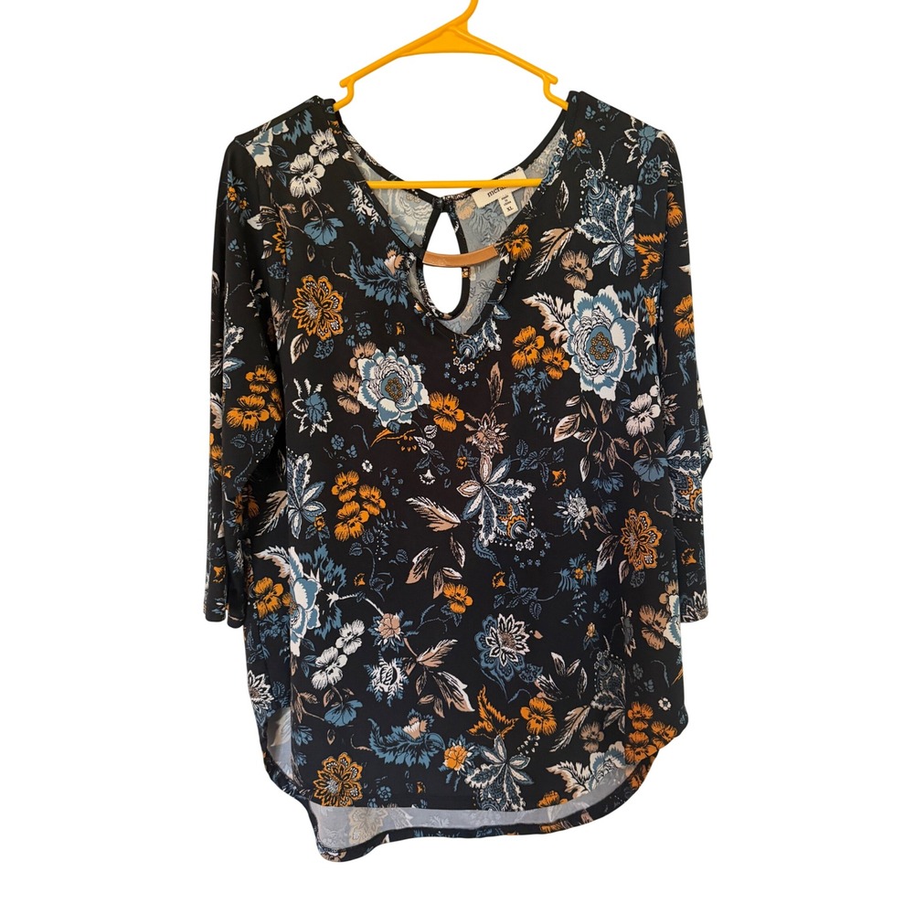 Meraki Floral V-Neck Blouse Black Orange Blue Gold Bar Detail XL